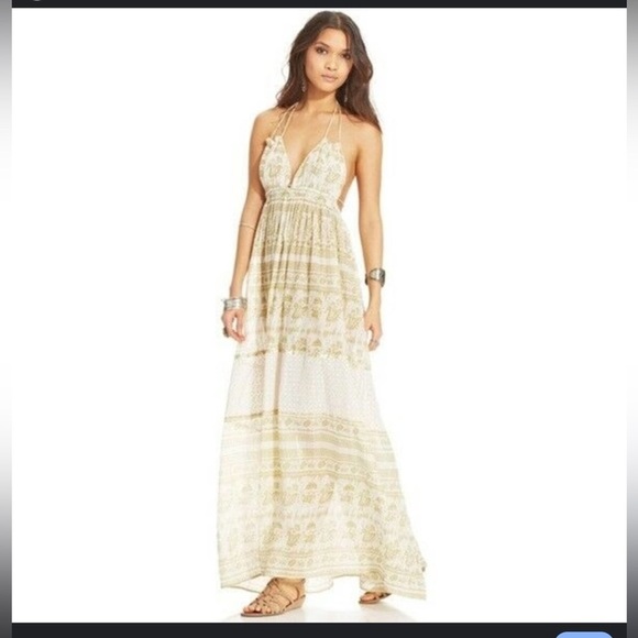 Free People Backless Elegant Green and Cream Halter Maxi Dress - Picture 11 of 13